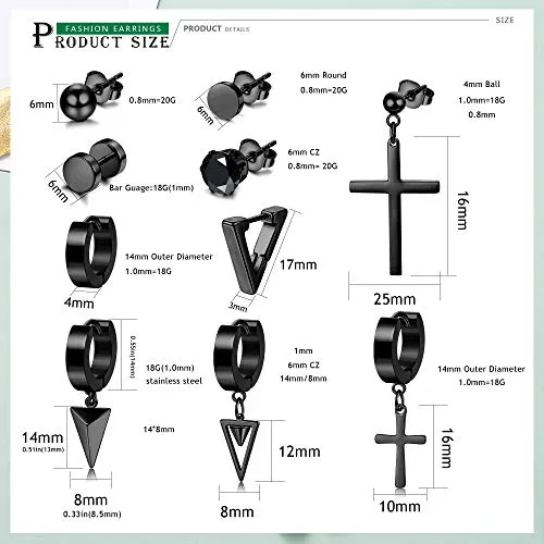 10 Pairs Stainless Steel Stud Earrings Set for Men Women
