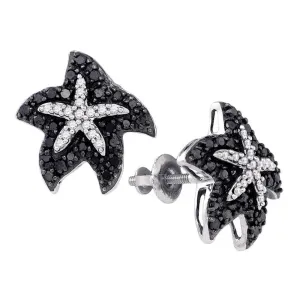 10K White Gold Round Black Color Enhanced Diamond Starfish Stud Earrings 3/8 Cttw