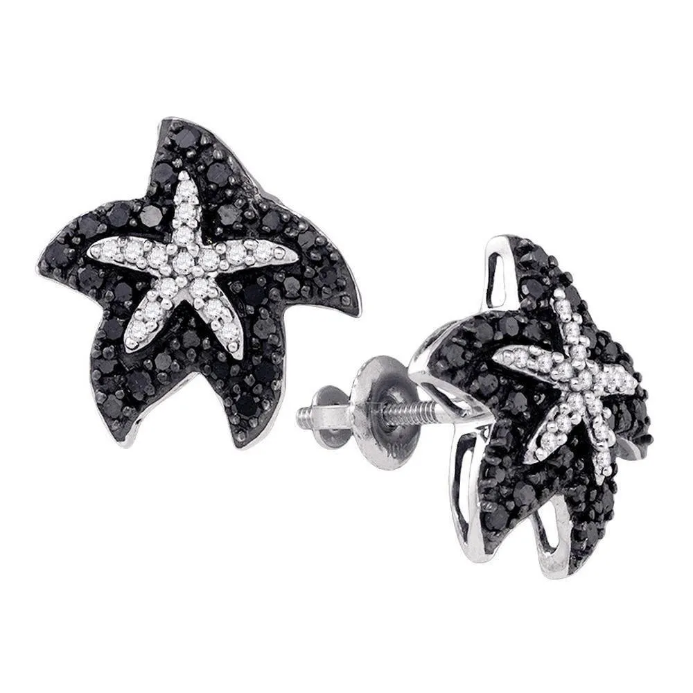 10K White Gold Round Black Color Enhanced Diamond Starfish Stud Earrings 3/8 Cttw