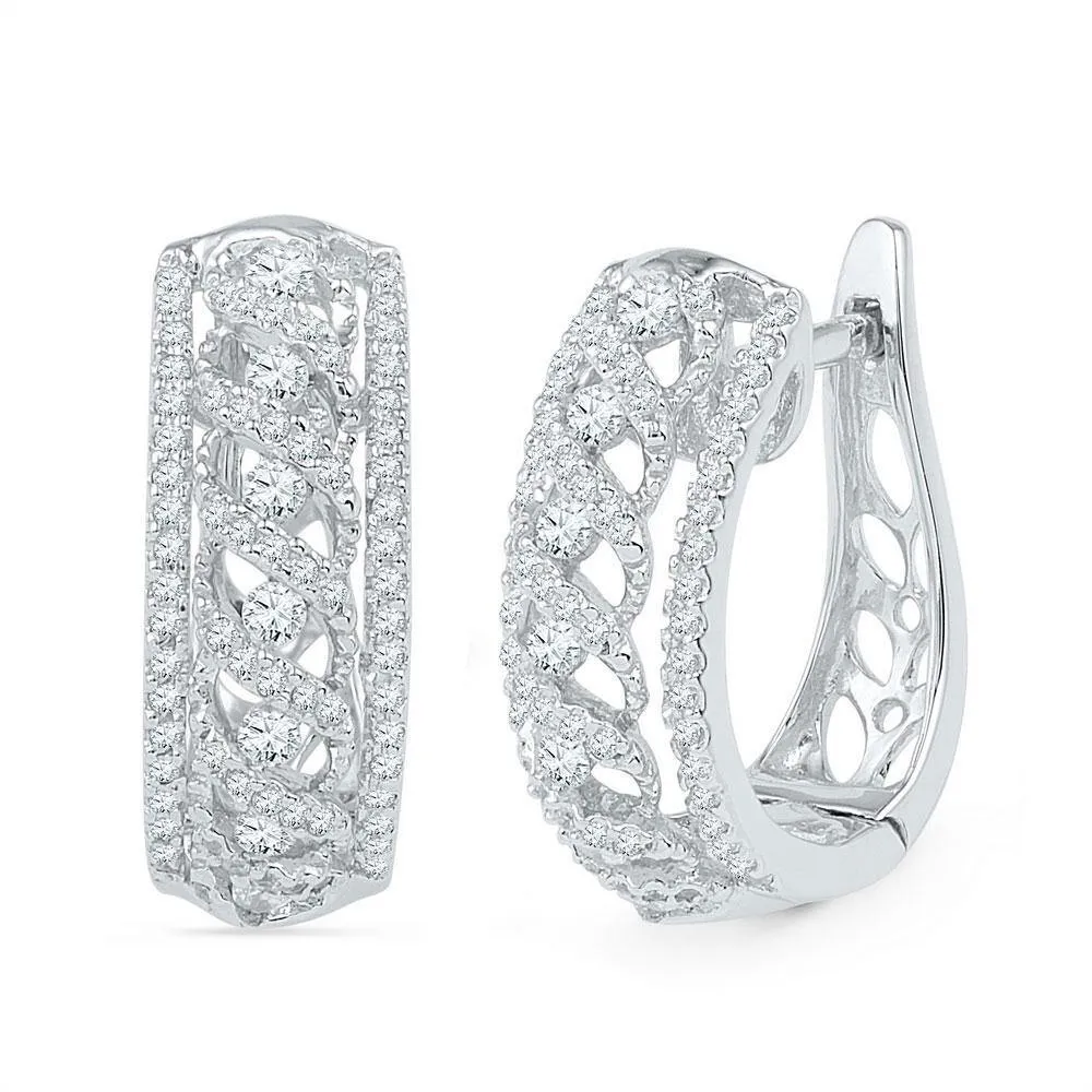 10K White Gold Round Diamond Crisscrossed Openwork Hoop Earrings 3/4 Cttw