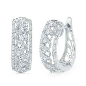 10K White Gold Round Diamond Crisscrossed Openwork Hoop Earrings 3/4 Cttw
