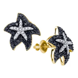 10K Yellow Gold Round Black Color Enhanced Diamond Starfish Stud Earrings 3/8 Cttw
