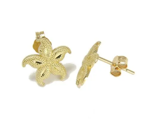 11MM 14K YELLOW GOLD HAWAIIAN FANCY SEASTAR STARFISH STUD EARRINGS DIAMOND CUT