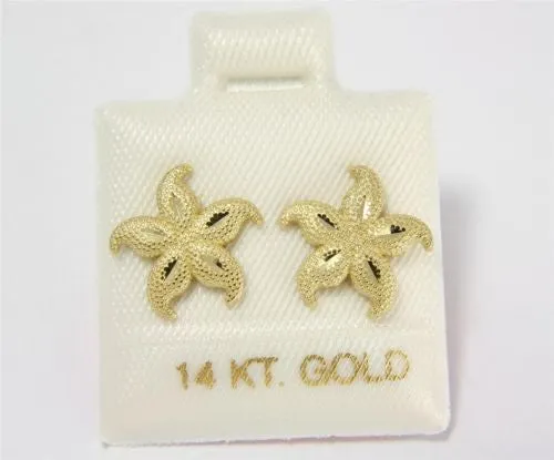 11MM 14K YELLOW GOLD HAWAIIAN FANCY SEASTAR STARFISH STUD EARRINGS DIAMOND CUT