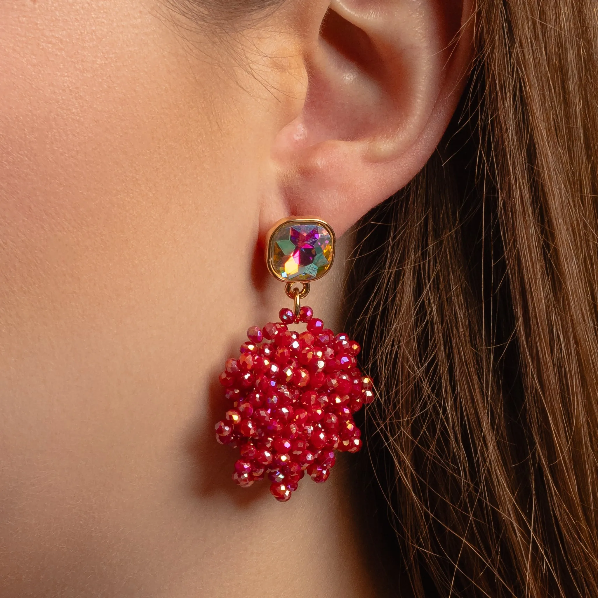 1373 - Beaded Drop Earrings - Red