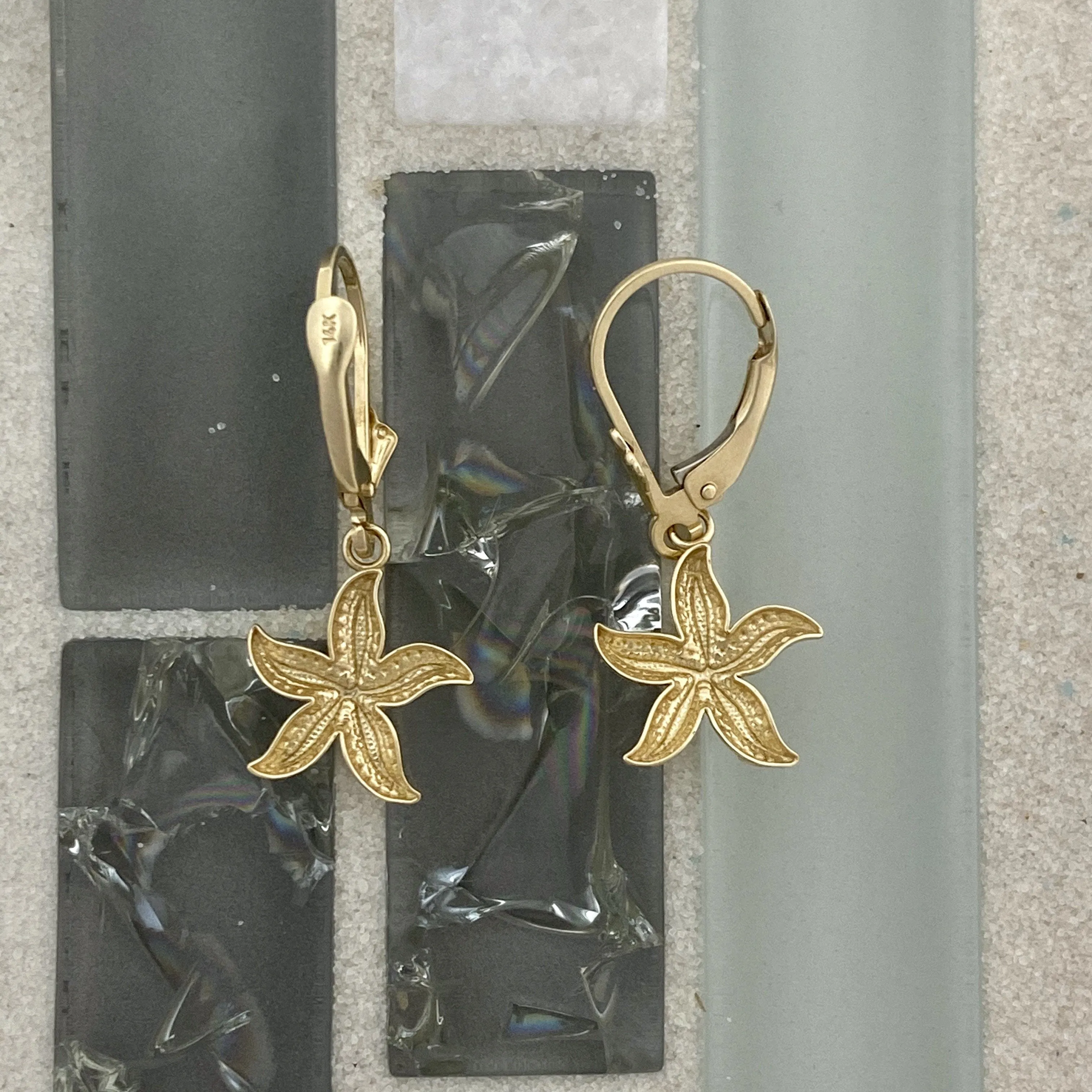 14k 2-Tone Gold Small Diamond Cut Starfish Leverback Earrings