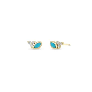 14k Marquise Turquoise & Diamond Trio Studs