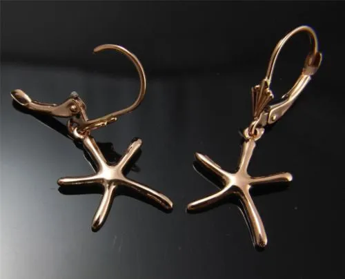 14K PINK ROSE GOLD POLISH SHINY HAWAIIAN SEA STAR STARFISH LEVERBACK EARRINGS