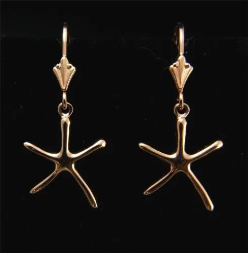 14K PINK ROSE GOLD POLISH SHINY HAWAIIAN SEA STAR STARFISH LEVERBACK EARRINGS