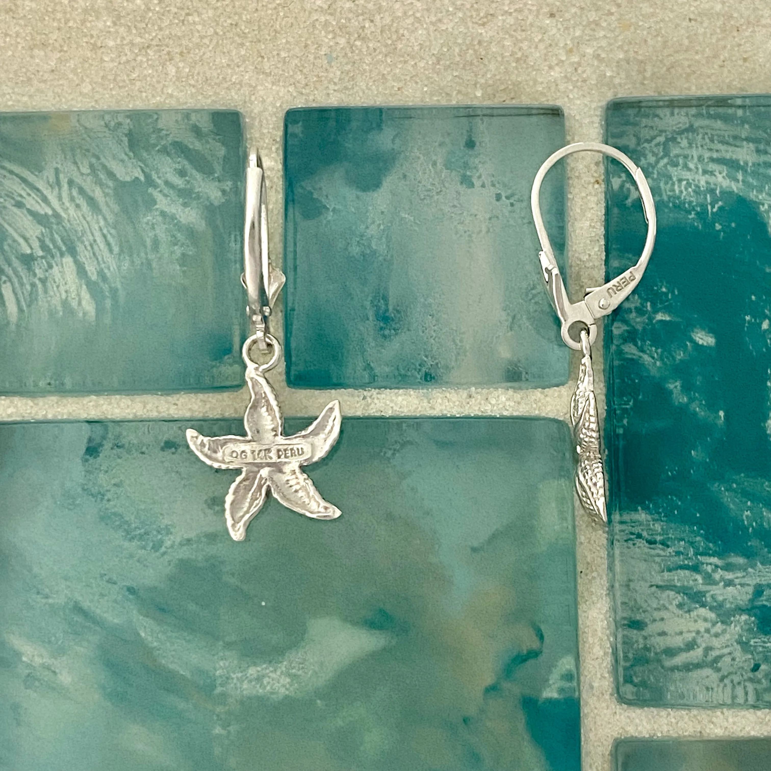 14k White Gold Starfish Lever Back Earrings