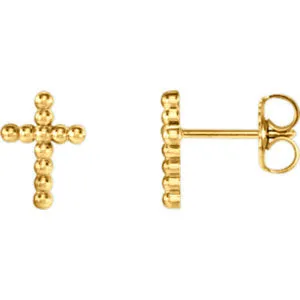 14K Yellow Beaded Cross Earrings