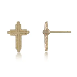 14K Yellow Gold Beaded Edge Cross Stud Earrings