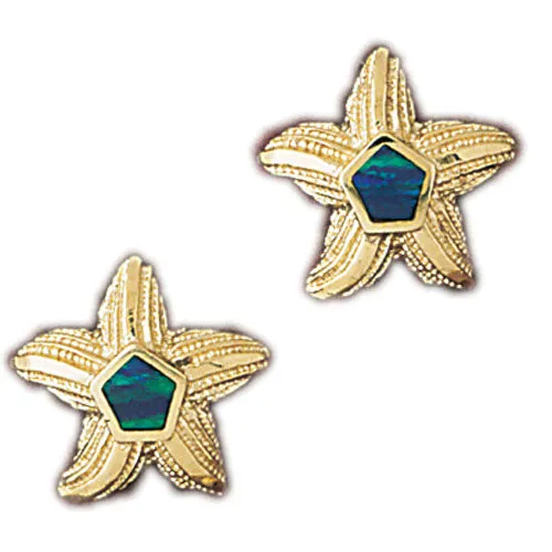 14k Yellow Gold Created Opal Starfish Earrings
