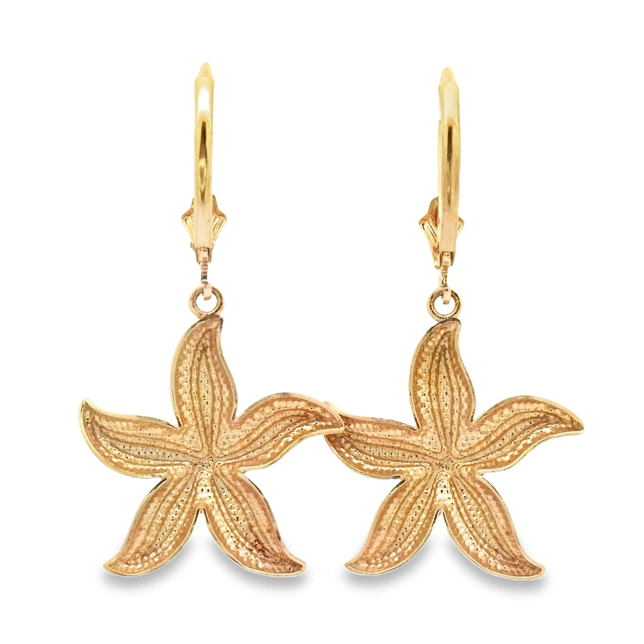 14k Yellow Gold Diamond Cut Large Starfish Lever Back Earrings