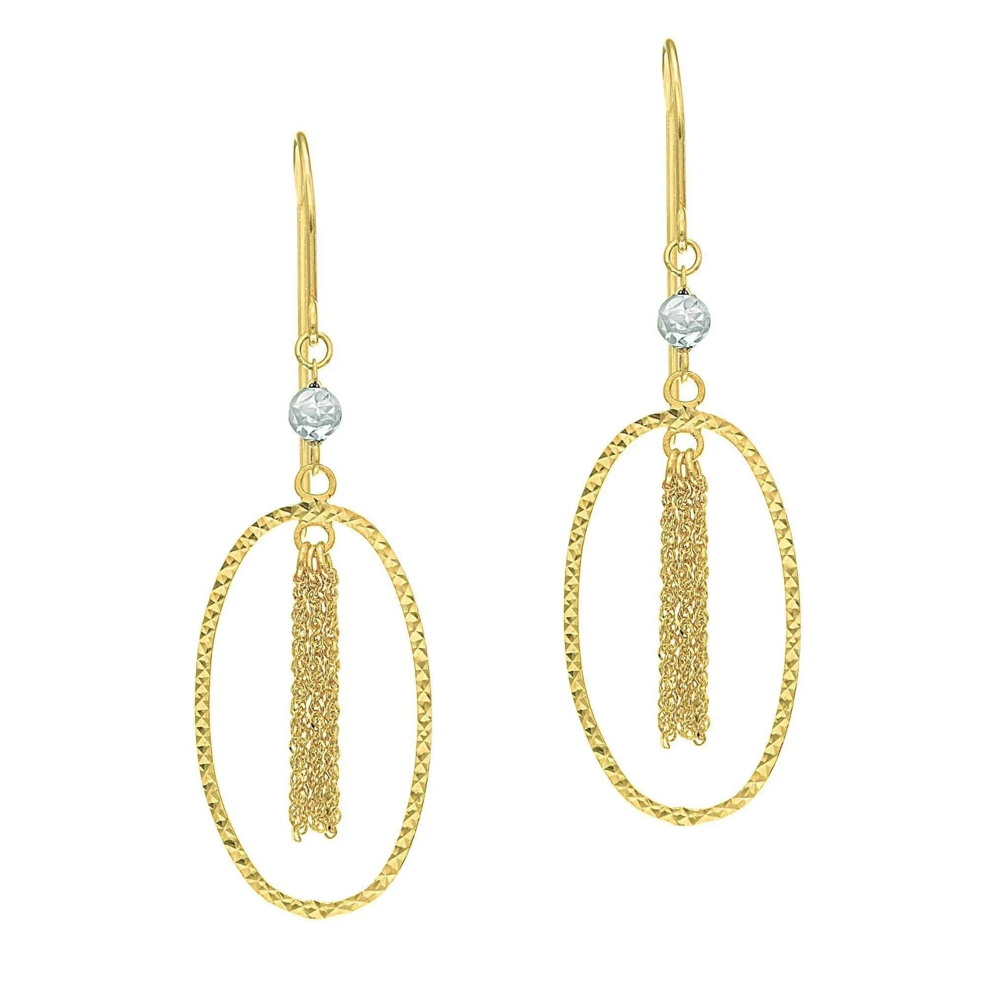 14K Yellow Gold Oval Diamond Cut Tassel Drop Earrings
