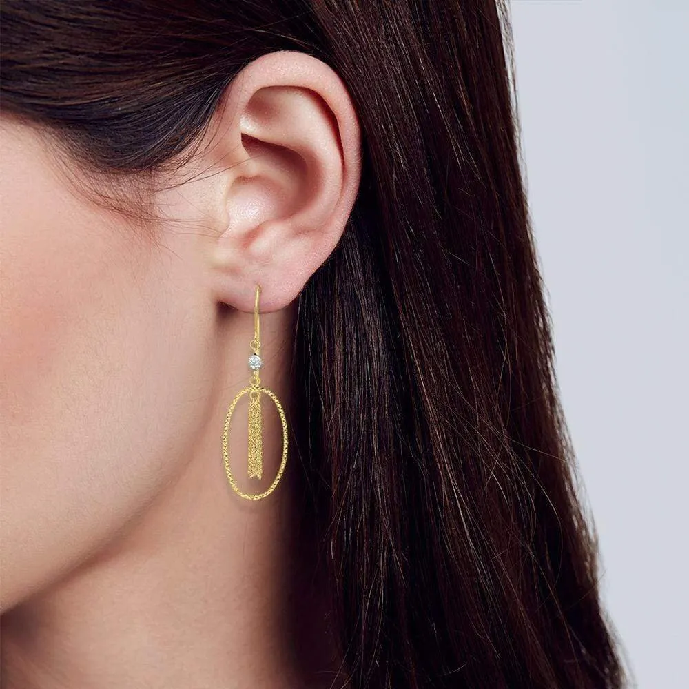 14K Yellow Gold Oval Diamond Cut Tassel Drop Earrings