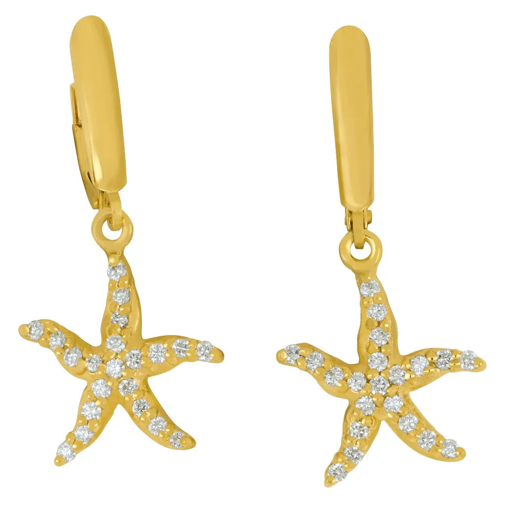 14k Yellow Gold "Sea Jewels" Pavé Diamond Starfish Euro Wire Earrings, D=.42tw