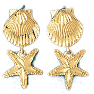 14k Yellow Gold Shell and Starfish Drop Earrings