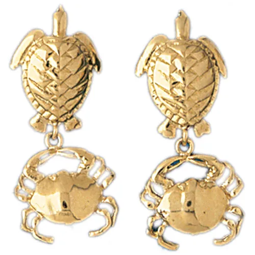 14k Yellow Gold Turtle and Crab Drop Earrings