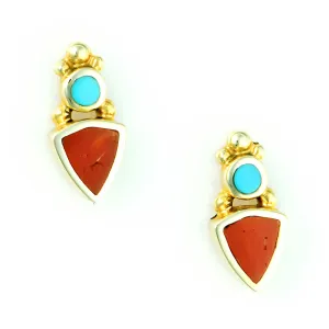 14kt Gold Turquoise Red Coral Inlay Earrings