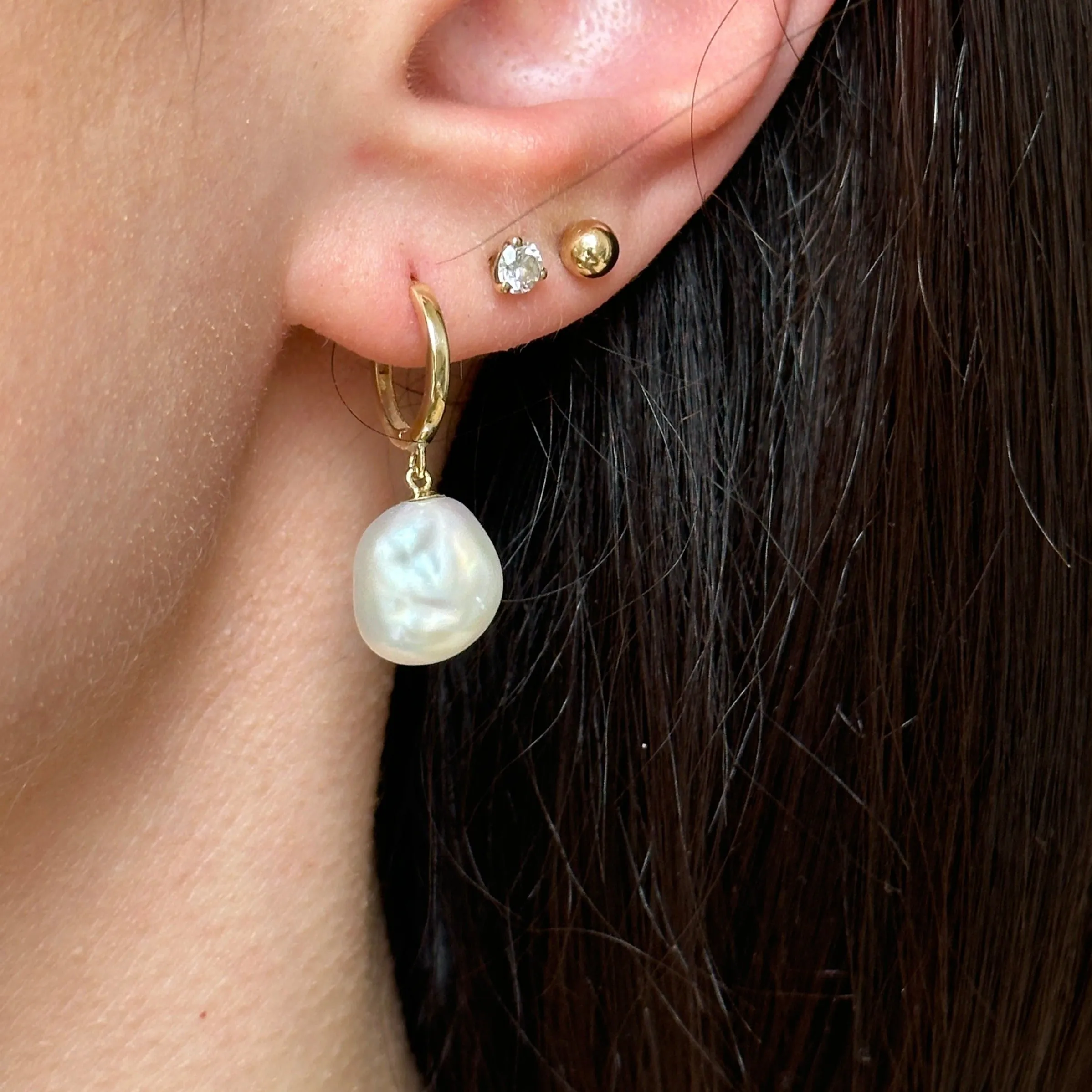 14KT Yellow Gold Cultured Keshi Pearl Huggie Hoop Earrings