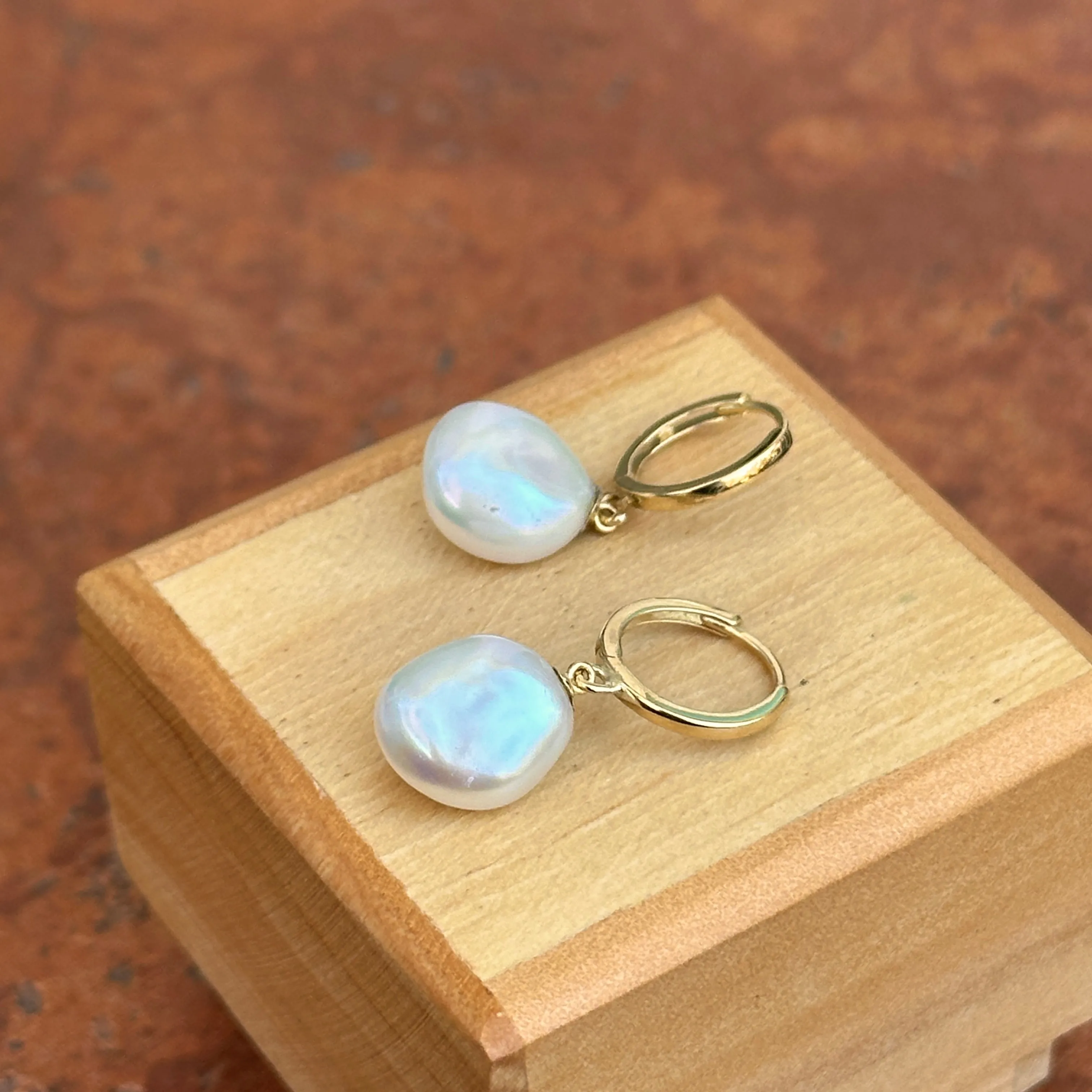 14KT Yellow Gold Cultured Keshi Pearl Huggie Hoop Earrings