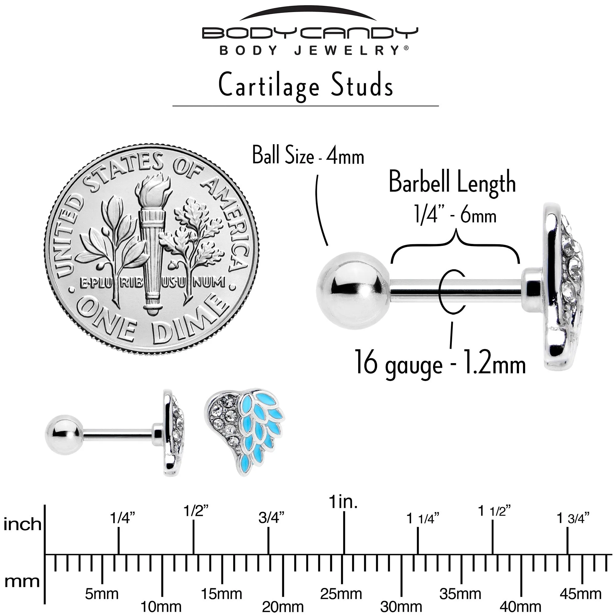 16 Gauge 1/4 Clear Gem Heavenly Heart Angel Wing Blue Cartilage Earring