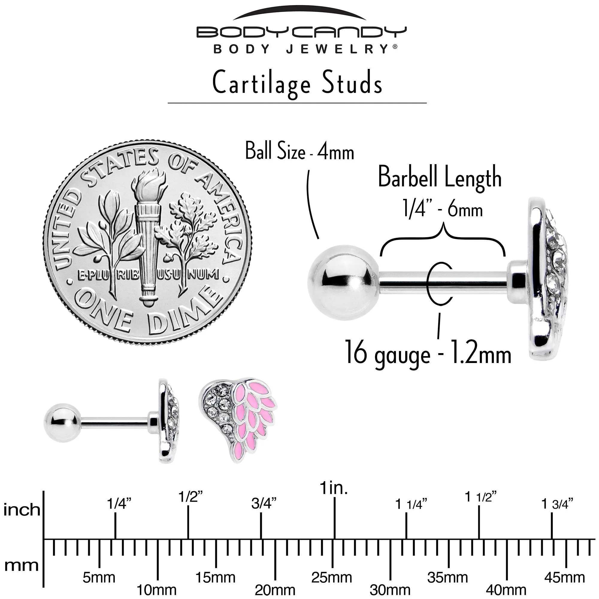 16 Gauge 1/4 Clear Gem Heavenly Heart Angel Wing Pink Cartilage Earring