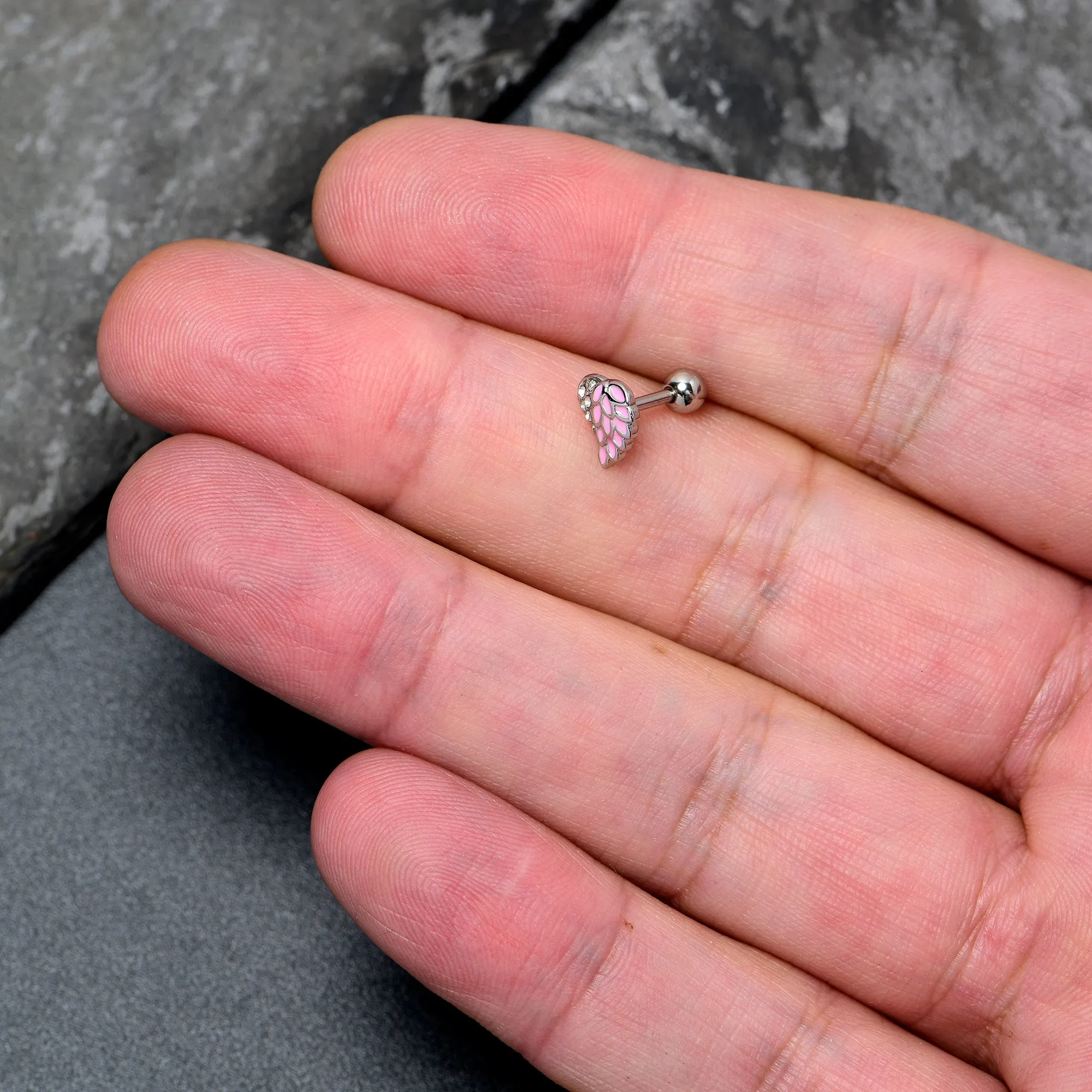 16 Gauge 1/4 Clear Gem Heavenly Heart Angel Wing Pink Cartilage Earring