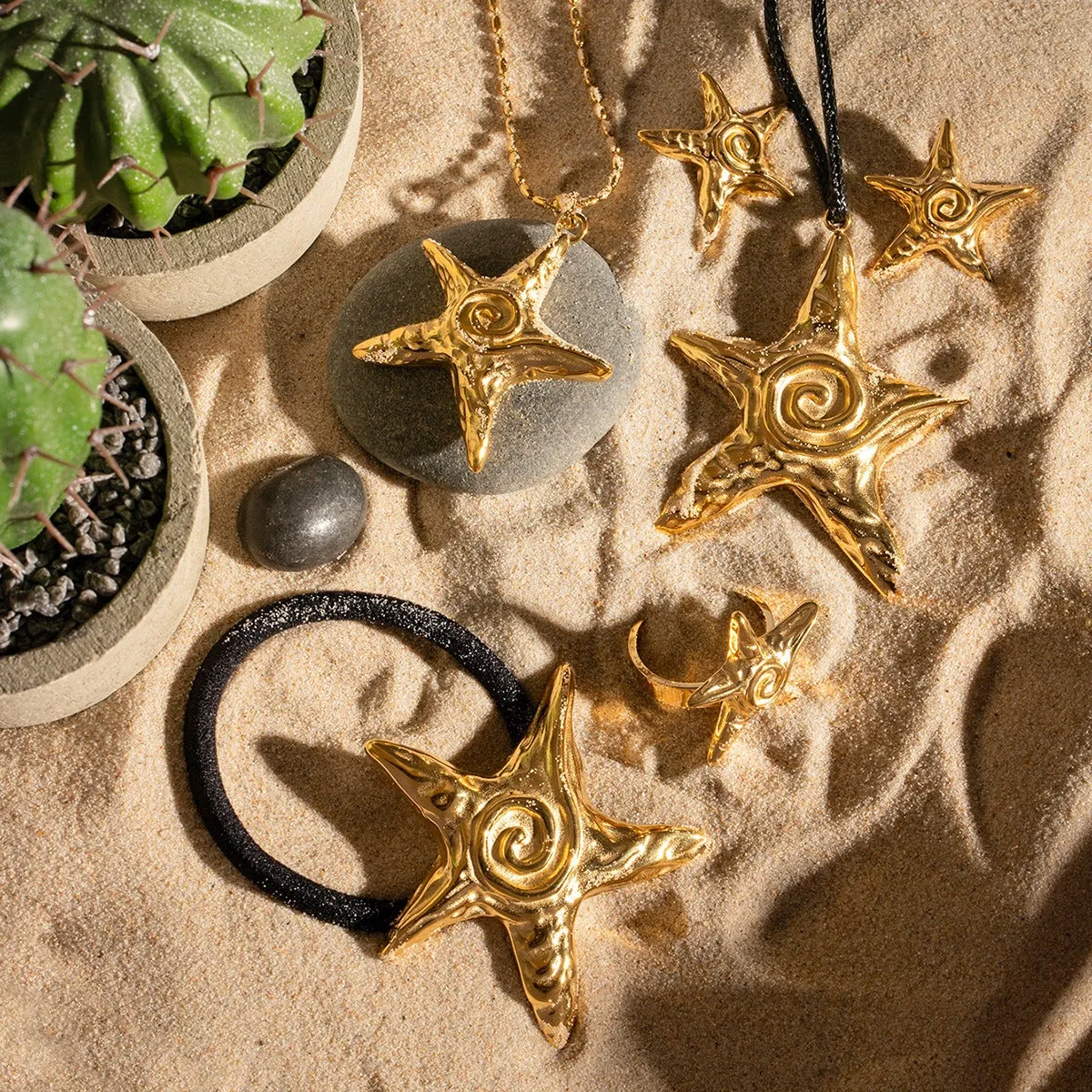 18K gold exquisite noble starfish shape with texture design beach style hair accessories necklace ring earrings set
