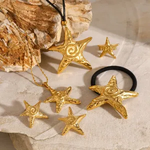 18K gold exquisite noble starfish shape with texture design beach style hair accessories necklace ring earrings set