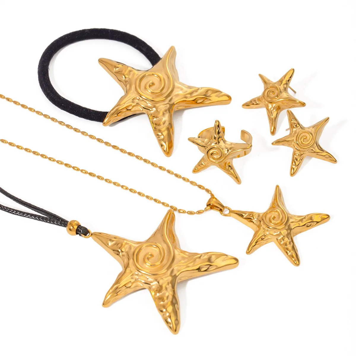 18K gold exquisite noble starfish shape with texture design beach style hair accessories necklace ring earrings set