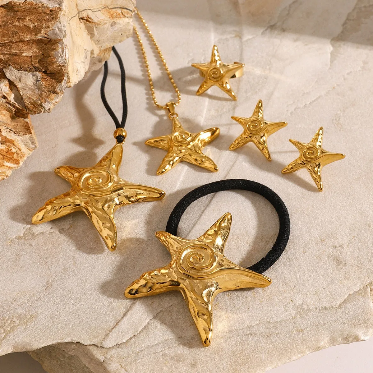 18K gold exquisite noble starfish shape with texture design beach style hair accessories necklace ring earrings set