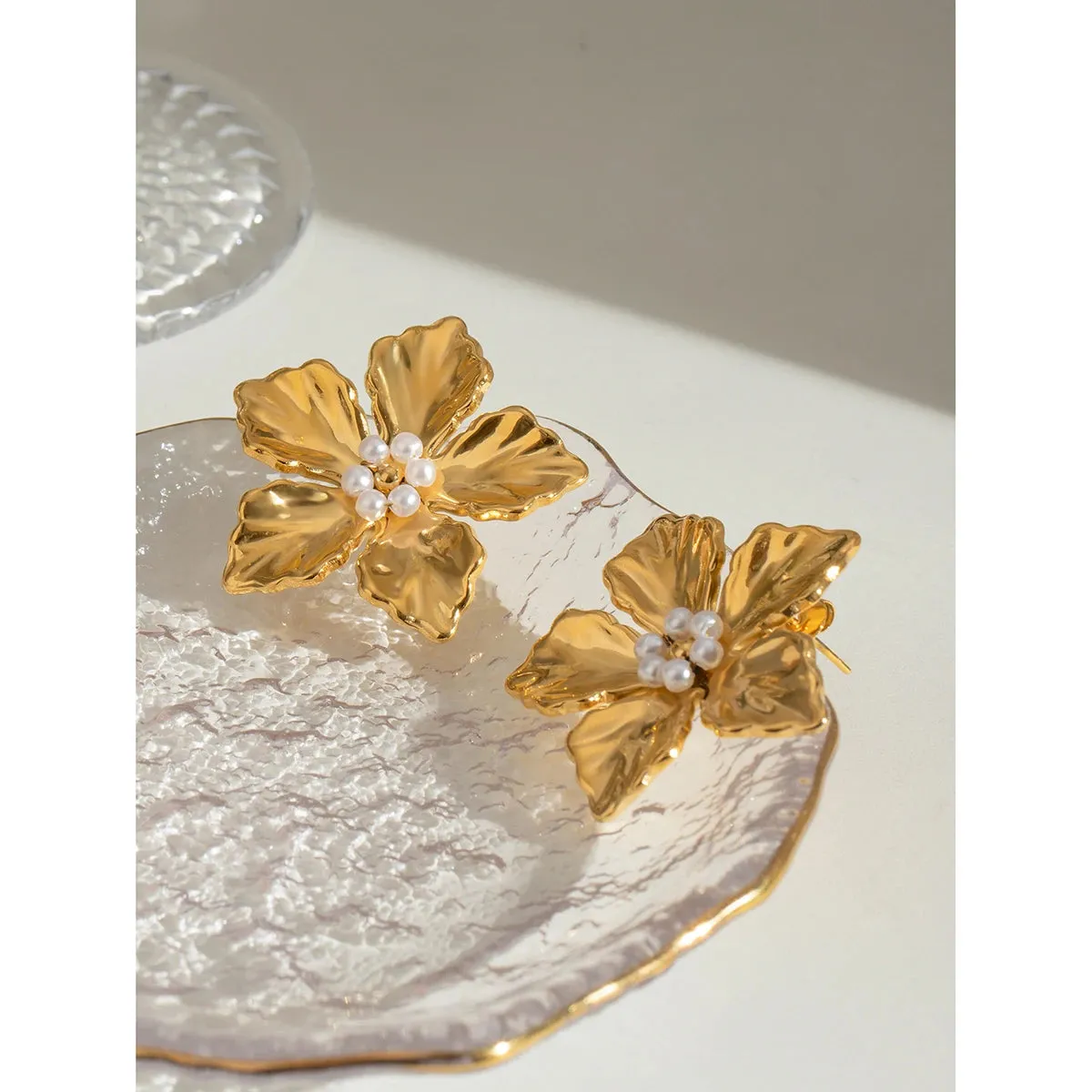 18k Gold Plated Vintage Flower Textured Stainless Steel Statement Earrings