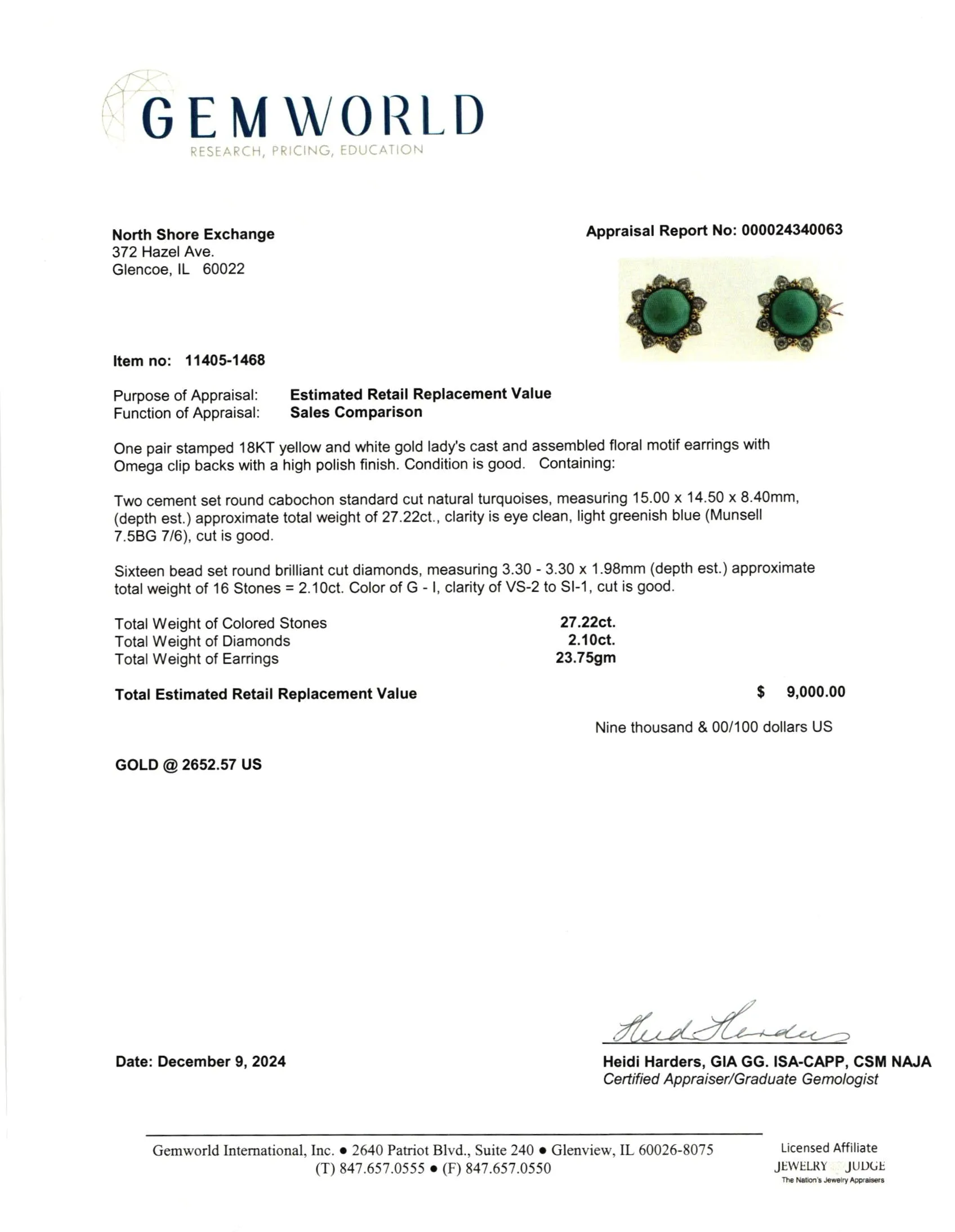 18K Gold Round Clip-on Earrings with Turquoise and Diamonds