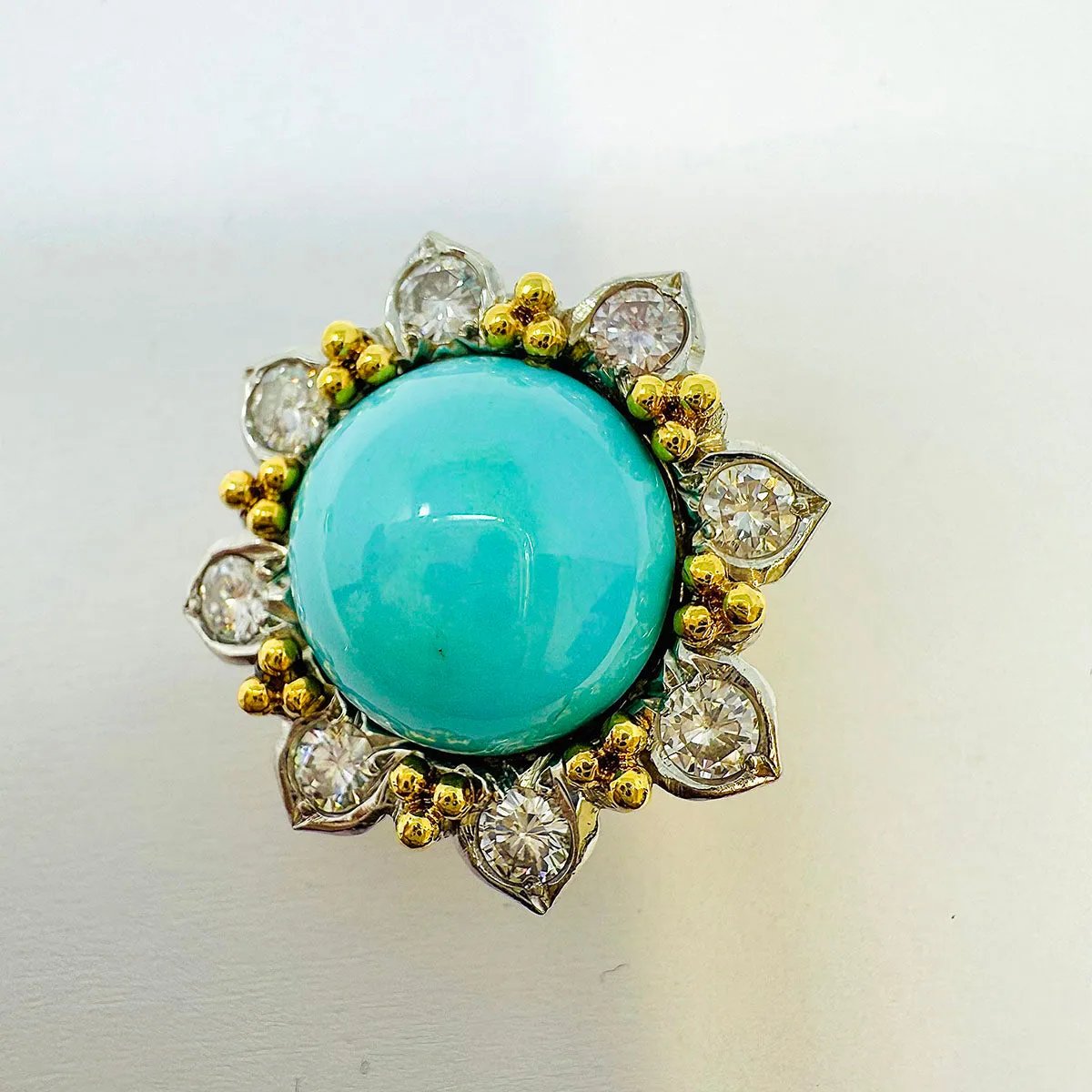 18K Gold Round Clip-on Earrings with Turquoise and Diamonds