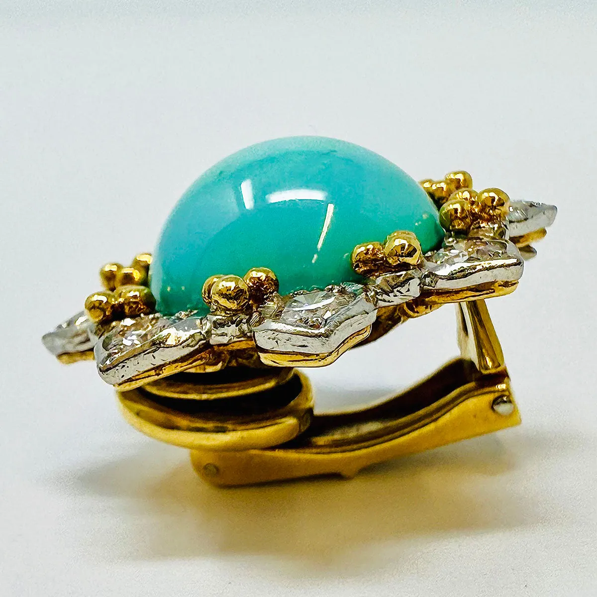 18K Gold Round Clip-on Earrings with Turquoise and Diamonds