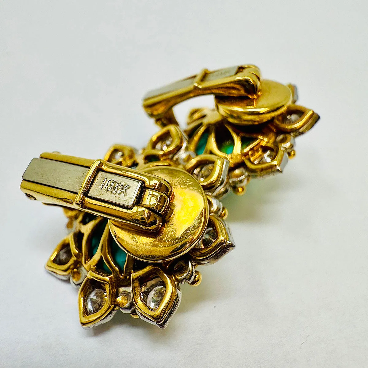 18K Gold Round Clip-on Earrings with Turquoise and Diamonds