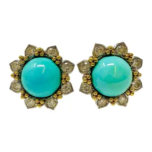 18K Gold Round Clip-on Earrings with Turquoise and Diamonds