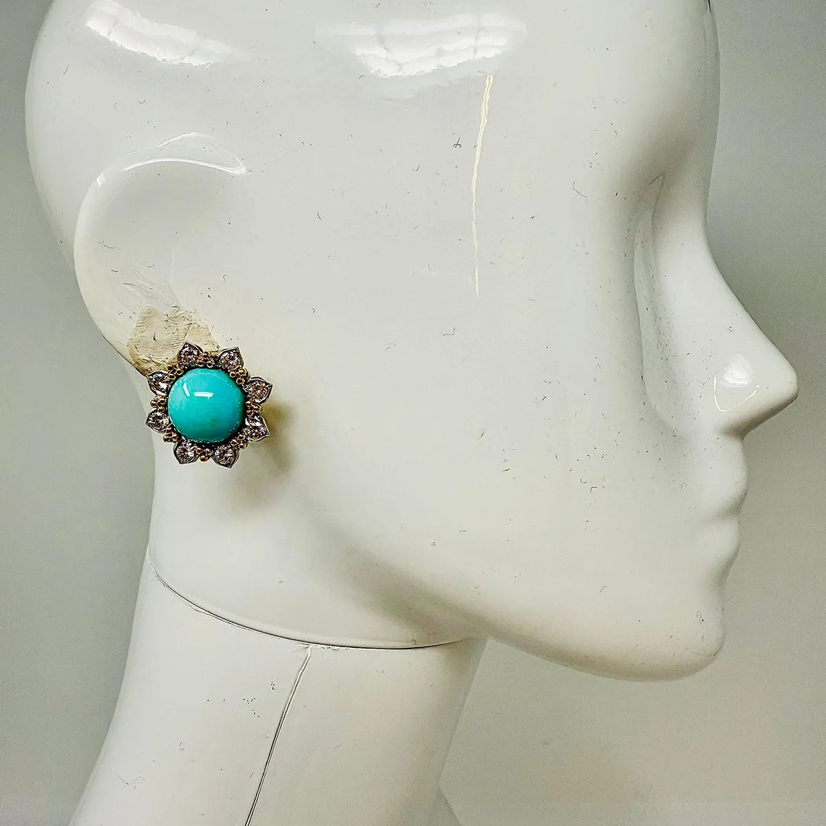 18K Gold Round Clip-on Earrings with Turquoise and Diamonds