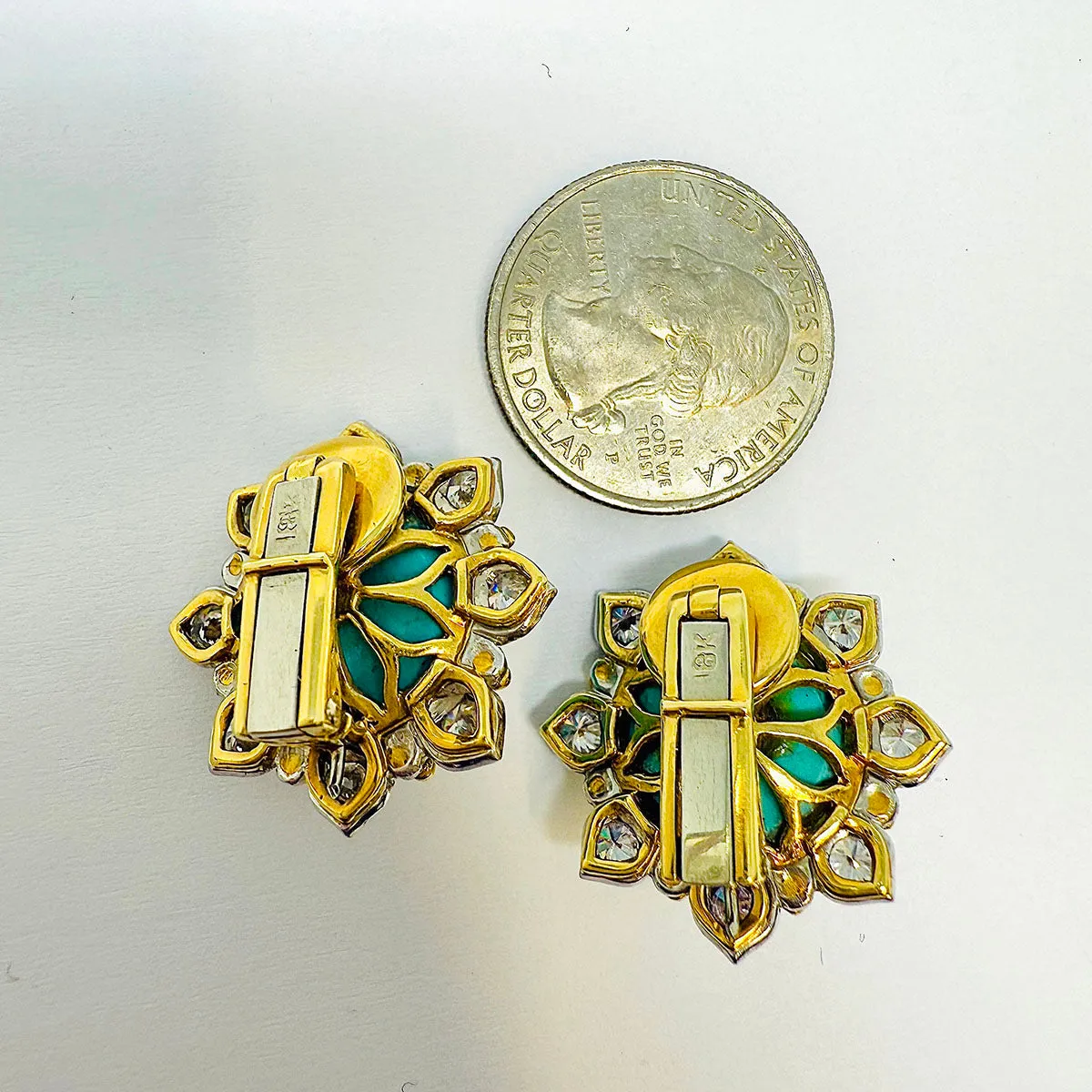18K Gold Round Clip-on Earrings with Turquoise and Diamonds
