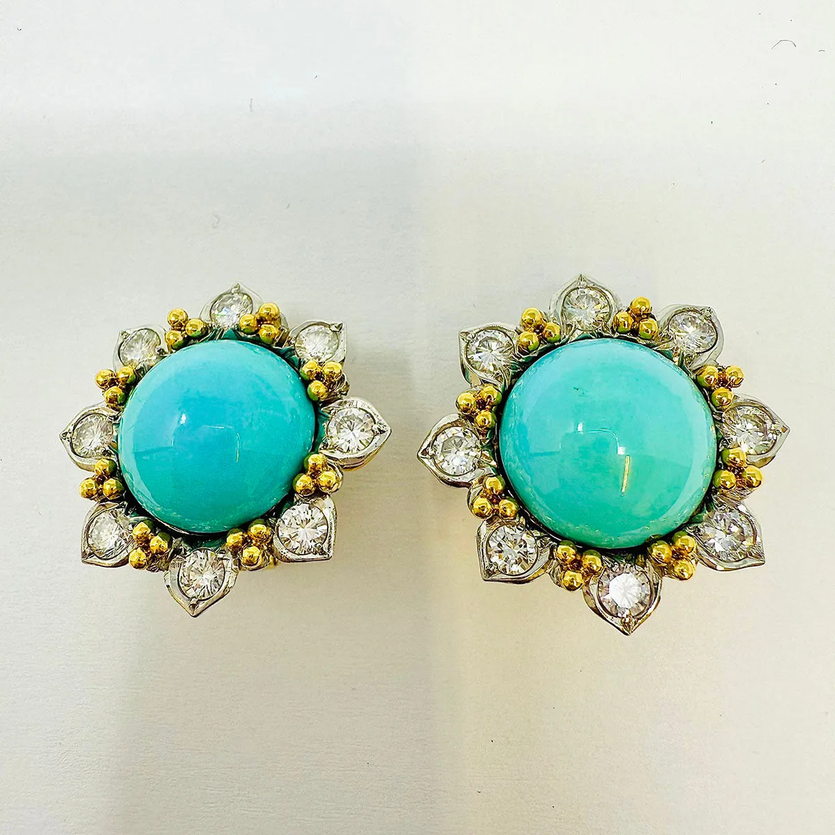 18K Gold Round Clip-on Earrings with Turquoise and Diamonds