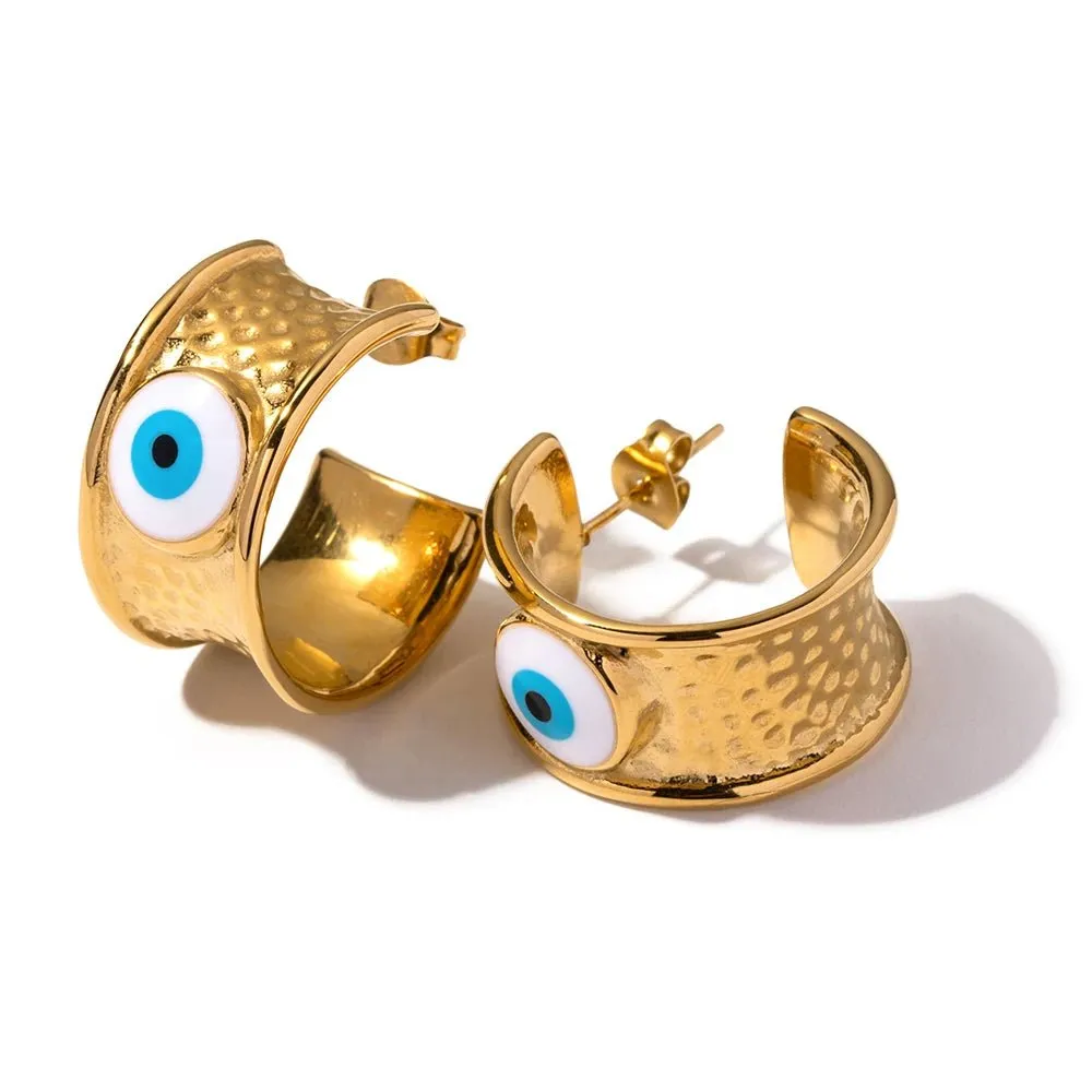 18k Gold Textured Evil Eye Hoop Earrings