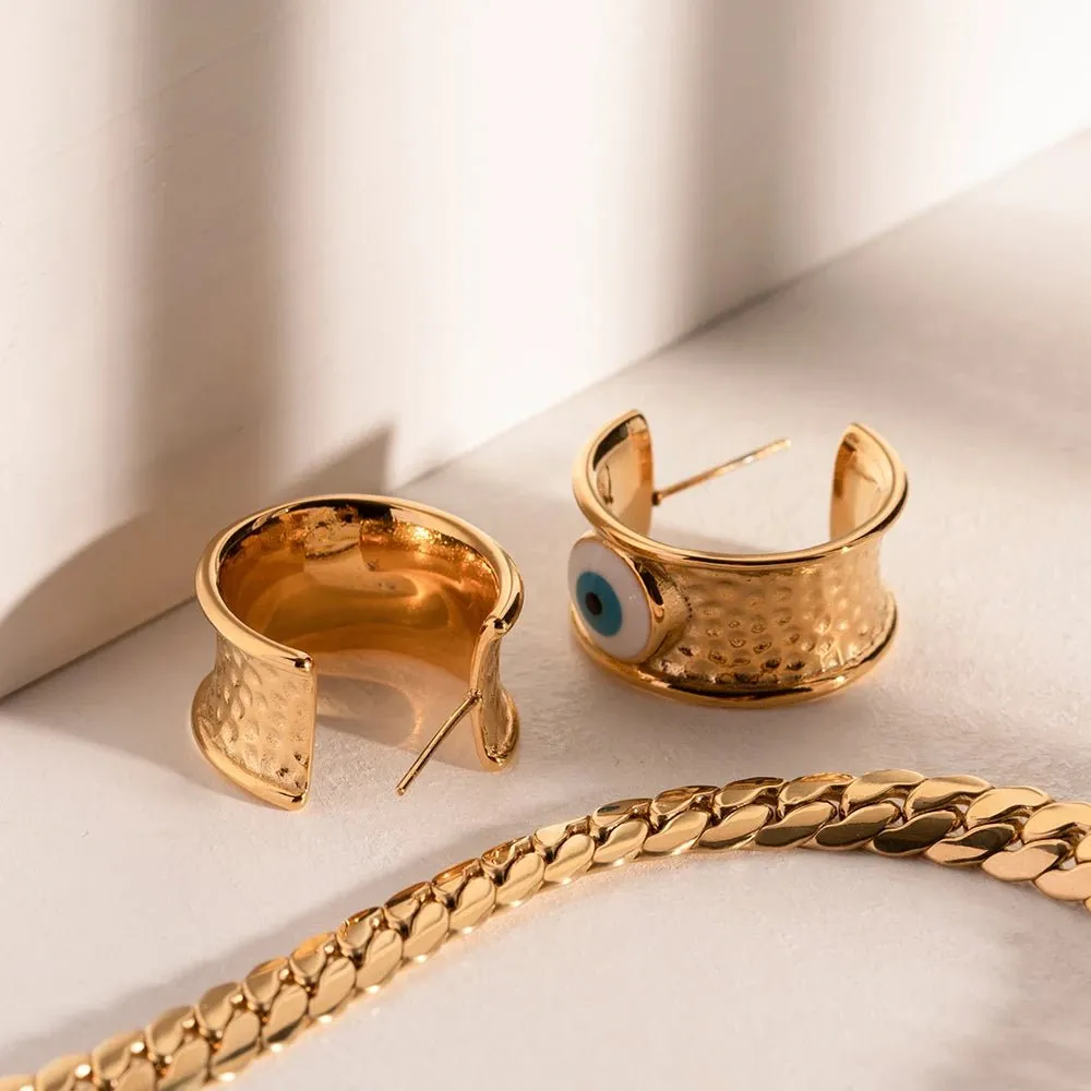 18k Gold Textured Evil Eye Hoop Earrings