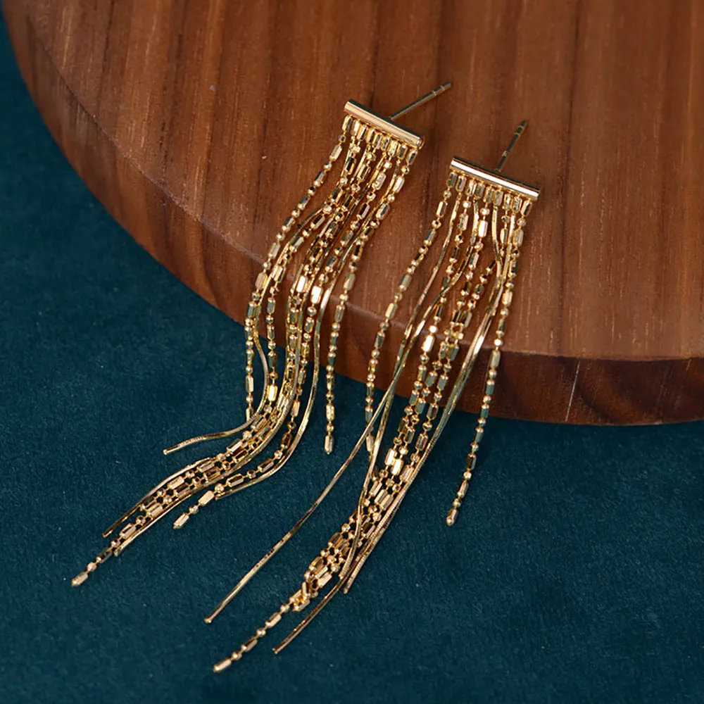 18K Solid Gold Drop Dangle Earrings Bead Chain Tassel Elegant Charm Jewelry