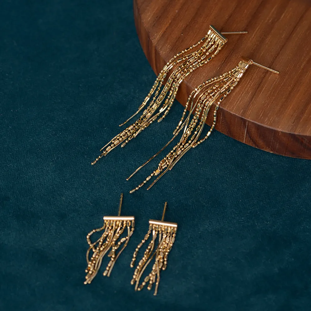 18K Solid Gold Drop Dangle Earrings Bead Chain Tassel Elegant Charm Jewelry