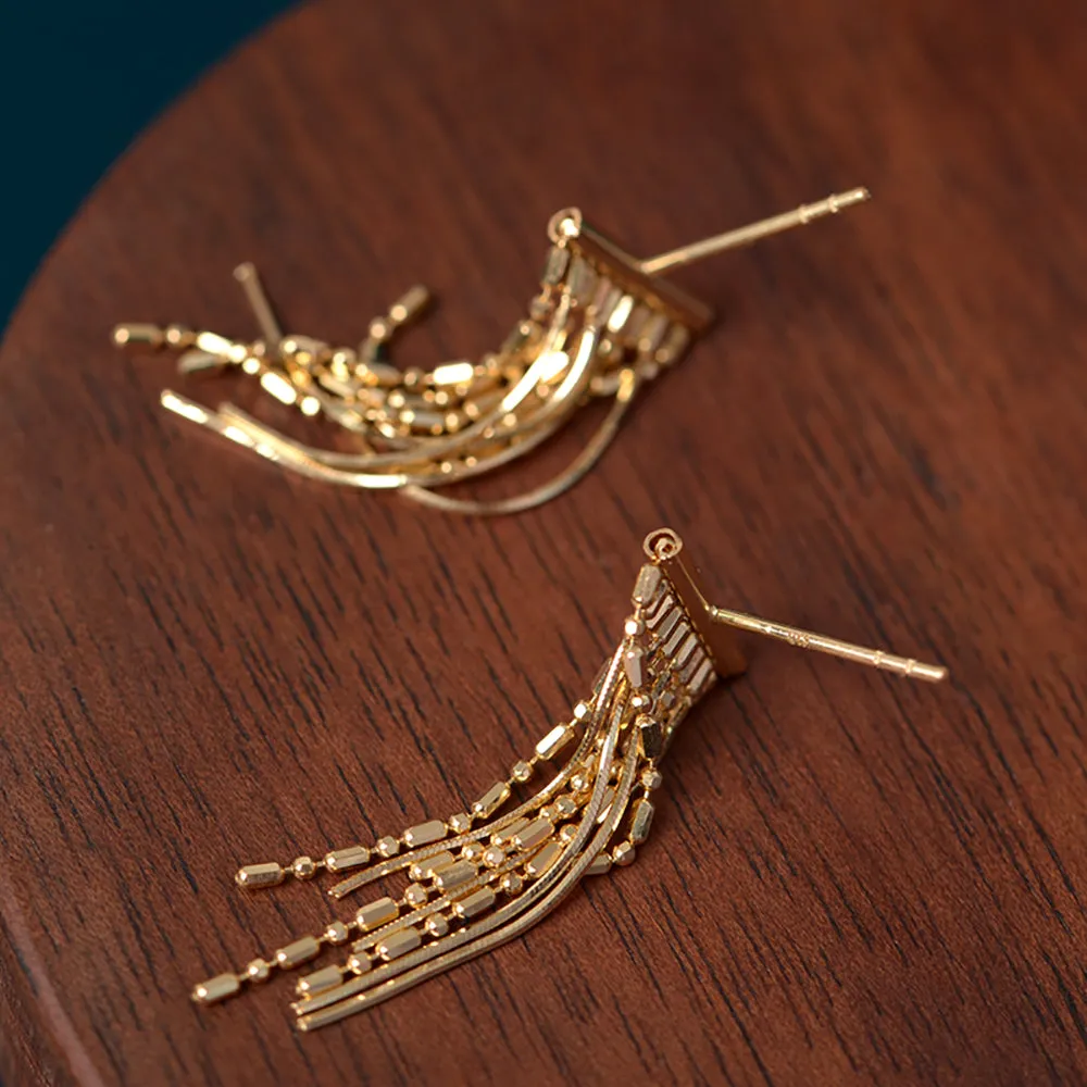 18K Solid Gold Drop Dangle Earrings Bead Chain Tassel Elegant Charm Jewelry