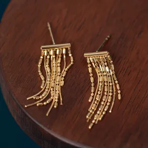 18K Solid Gold Drop Dangle Earrings Bead Chain Tassel Elegant Charm Jewelry