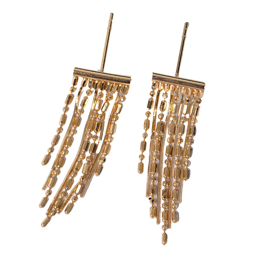 18K Solid Gold Drop Dangle Earrings Bead Chain Tassel Elegant Charm Jewelry