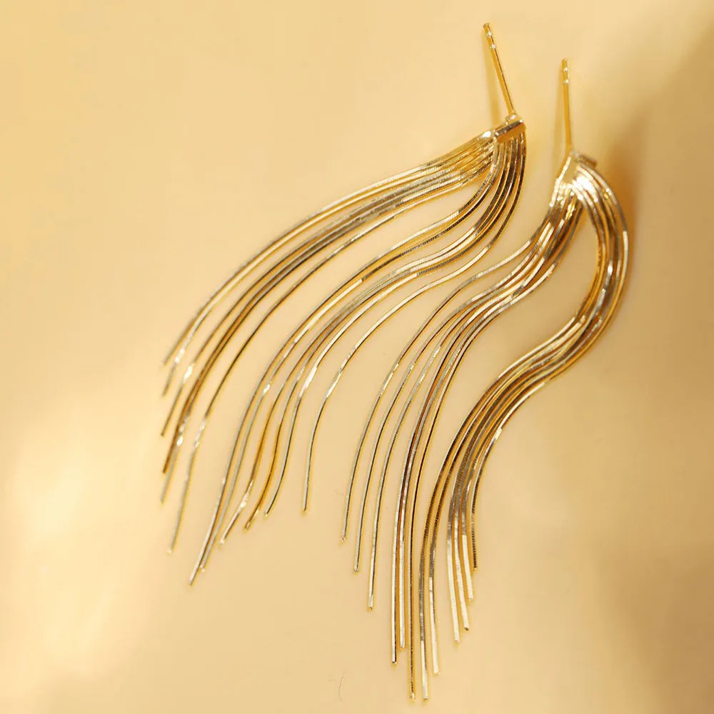 18K Solid Gold Drop Dangle Earrings Snake Chain Tassel Elegant Charm Jewelry